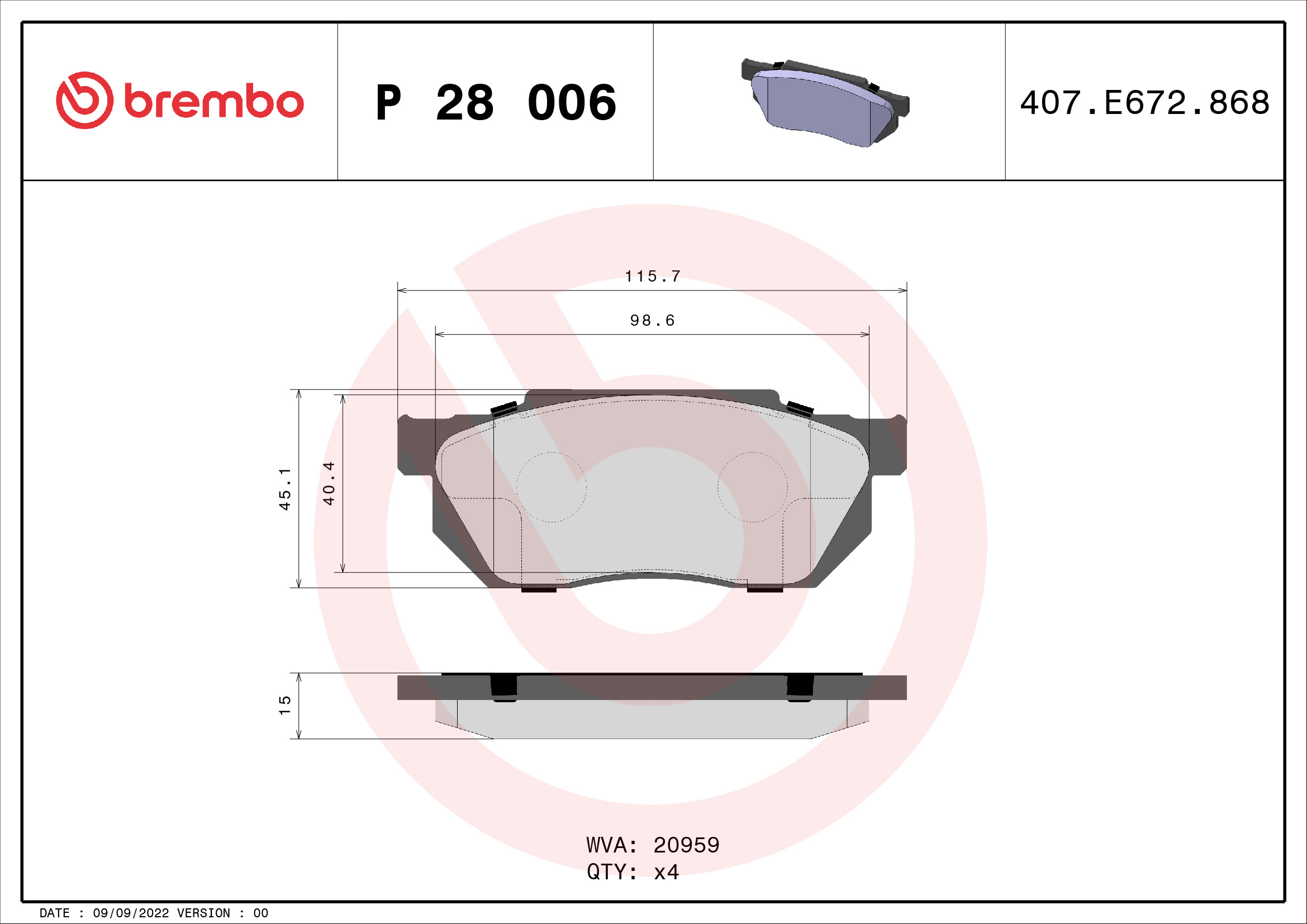A.B.S. P 28 006 BREMBO Bremsbelagsatz, Scheibenbremse